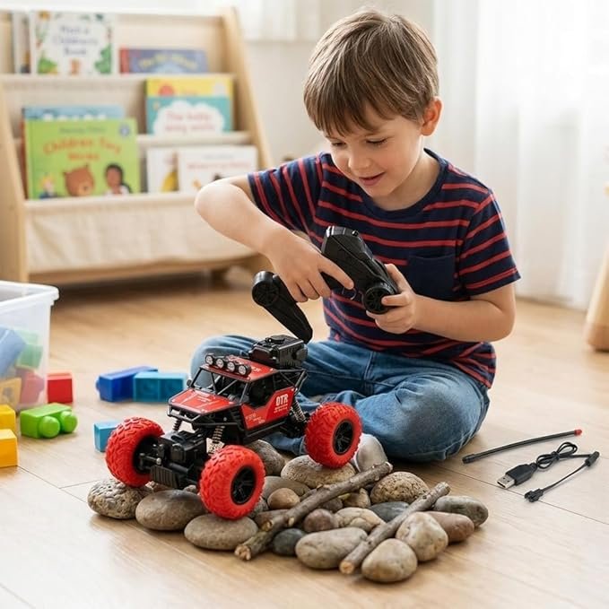 RTR 27MHz Remote Control Rock Climber Car for Kids 4+ Years | 4WD Off Road Monster Truck with Rechargeable 3.7V Battery & USB Charging | Big Tyre All Terrain RC Car Toy (Red & Black) - Image 3